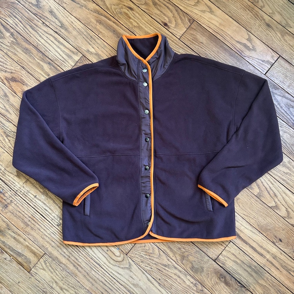 Wantable Campfire Cozy Fleece Jacket Chocolate Brown Orange Trim Large